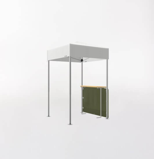 Gazebo pieghevole Ecotent 1,5x1,5m grigio chiaro con parete laterale a mezza altezza color Olive e bancone in legno